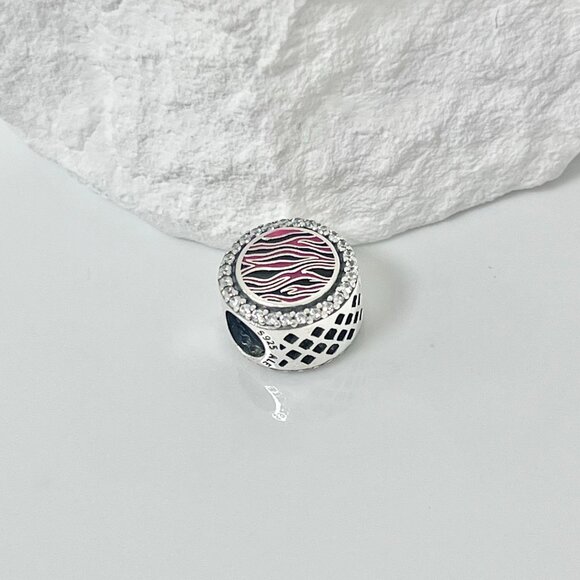 Pandora Pink Zebra-Stripe Bead Charm S925 Silver Charm - Picture 3 of 4